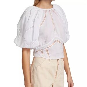 NWT FRAME Women’s Inset Lace Gathered Seamed Puff Sleeve Top In White Size: S